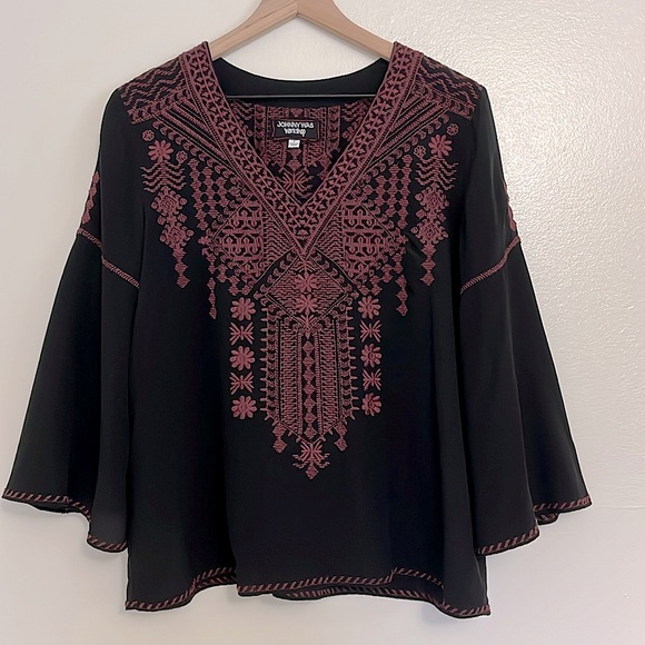 Johnny Was Workshop Gene Swing Blouse, Embroidered Silk Bell Sleeve Top - Picture 3 of 11